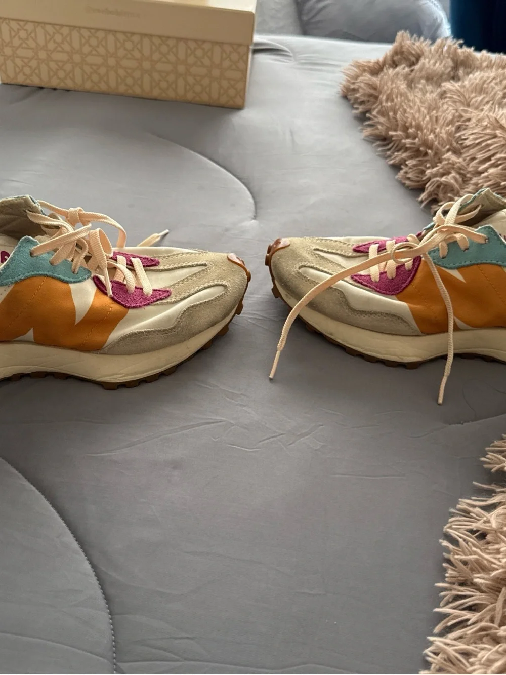 New Balance women’s Cream Sneakers with Teal, Magenta & Mustard Accents